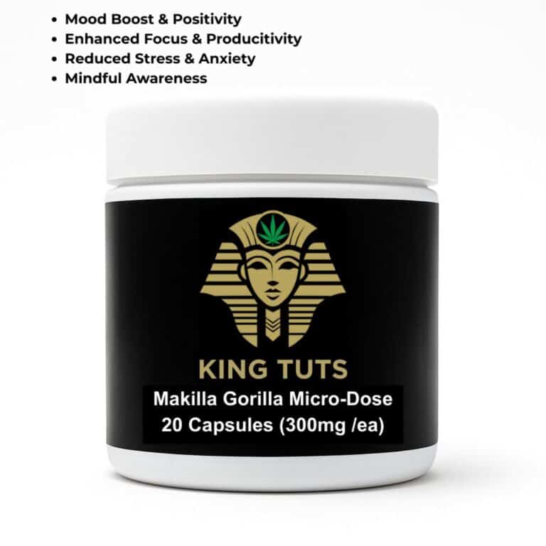 Makilla Gorilla micro dose mushroom capsules jar with black label and gold pharaoh logo