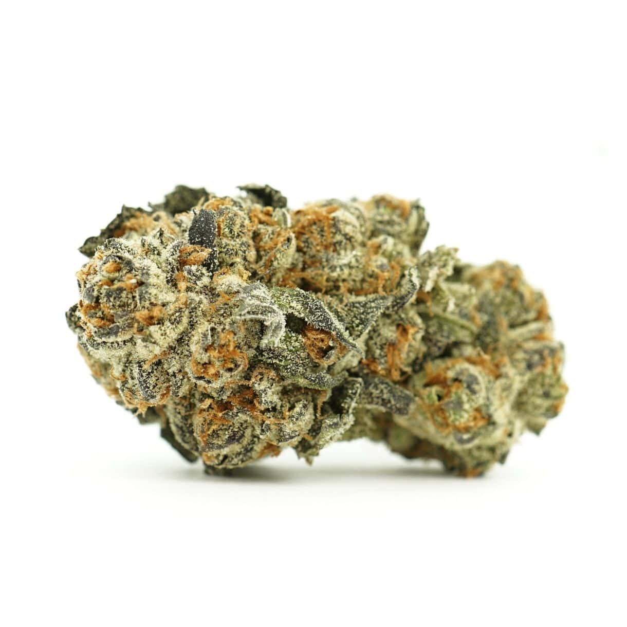 Image of cannabis bud with frosty trichomes on a crisp white background