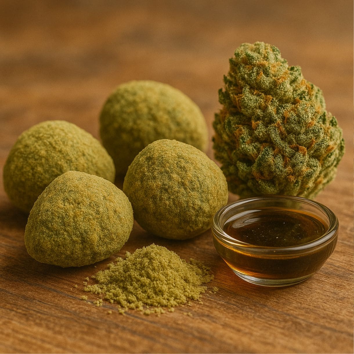 Photorealistic image of cannabis moonrocks displayed on a rustic wooden surface, featuring coated moonrocks beside a cannabis bud, a small glass bowl of golden hash oil, and a pile of kief under warm natural lighting.