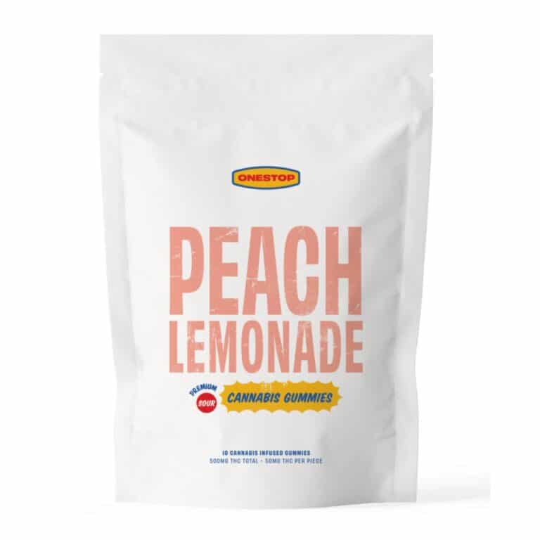 OneStop Sour Peach Lemonade 500mg THC cannabis gummies package
