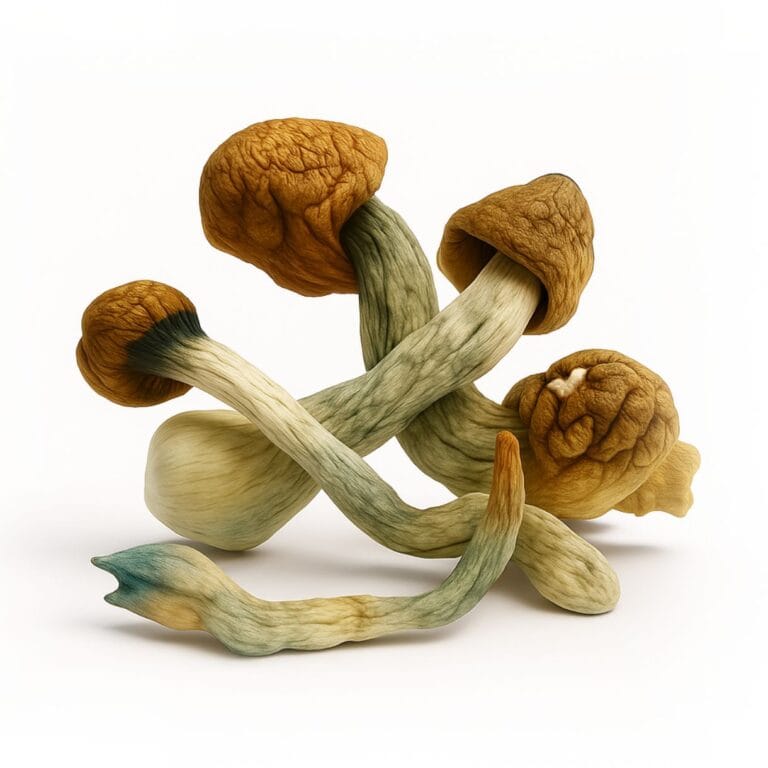 Blue Meanies magic mushrooms with thick stems and rounded caps on a white background