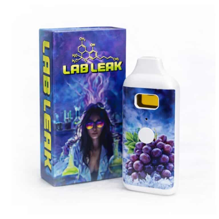 image of a LAB LEAK disposable vape device with grape artwork partially overlapping its branded packaging on a light background.