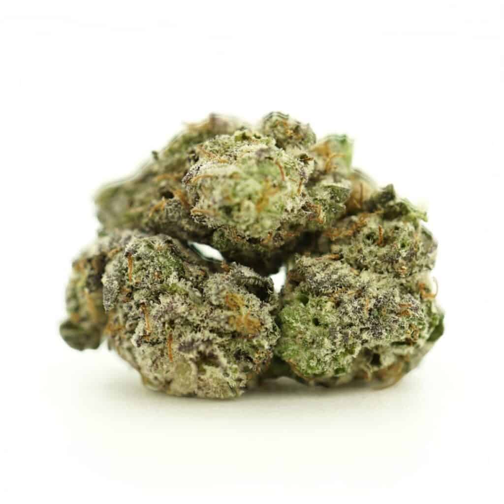 Close-up image of cannabis bud with frosty trichomes on a crisp white background