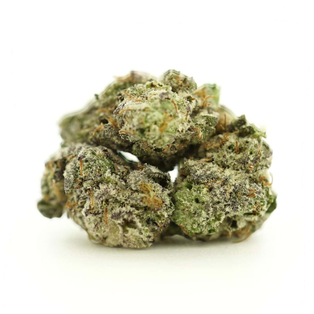 Close-up image of cannabis bud with frosty trichomes on a crisp white background