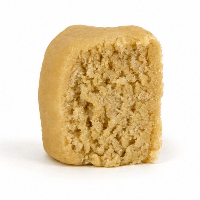 Premium light-golden cannabis concentrate with a smooth, dense texture, displayed as a sliced nug-style extract on a clean white background.