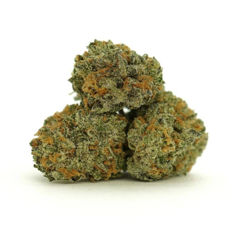 Close-up of dense cannabis flowers with light green buds, orange pistils, and visible trichome coverage on a white background.