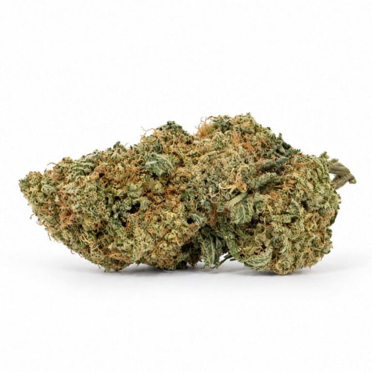 Image of cannabis bud with frosty trichomes on a crisp white background