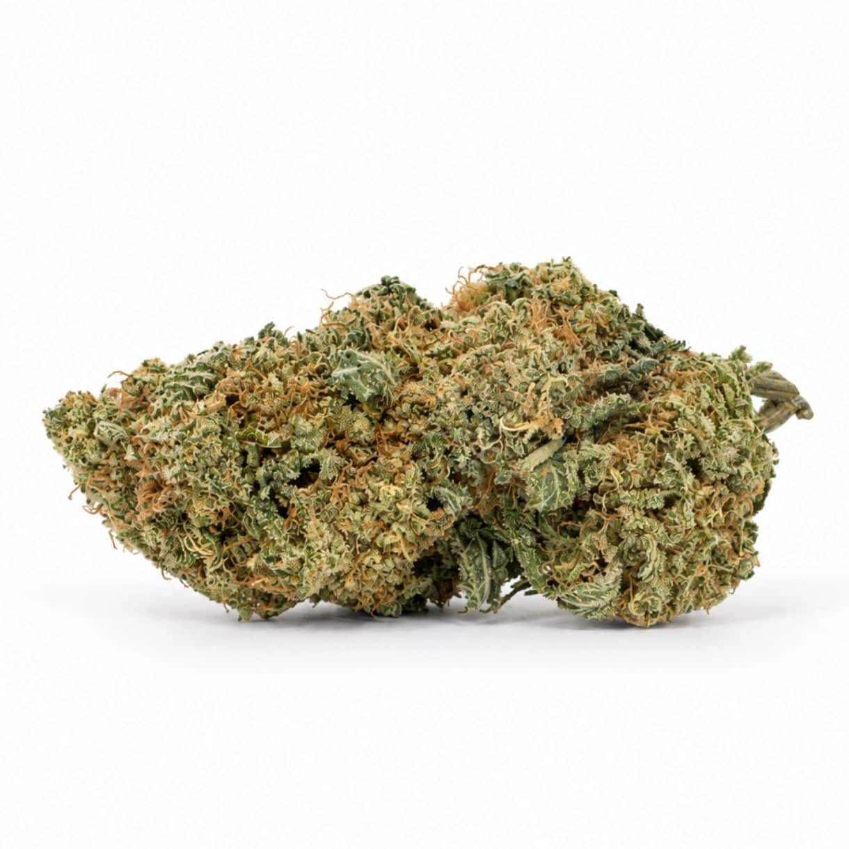 Image of cannabis bud with frosty trichomes on a crisp white background