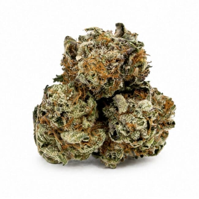 island pink kush smalls Image of cannabis bud with frosty trichomes on a crisp white background