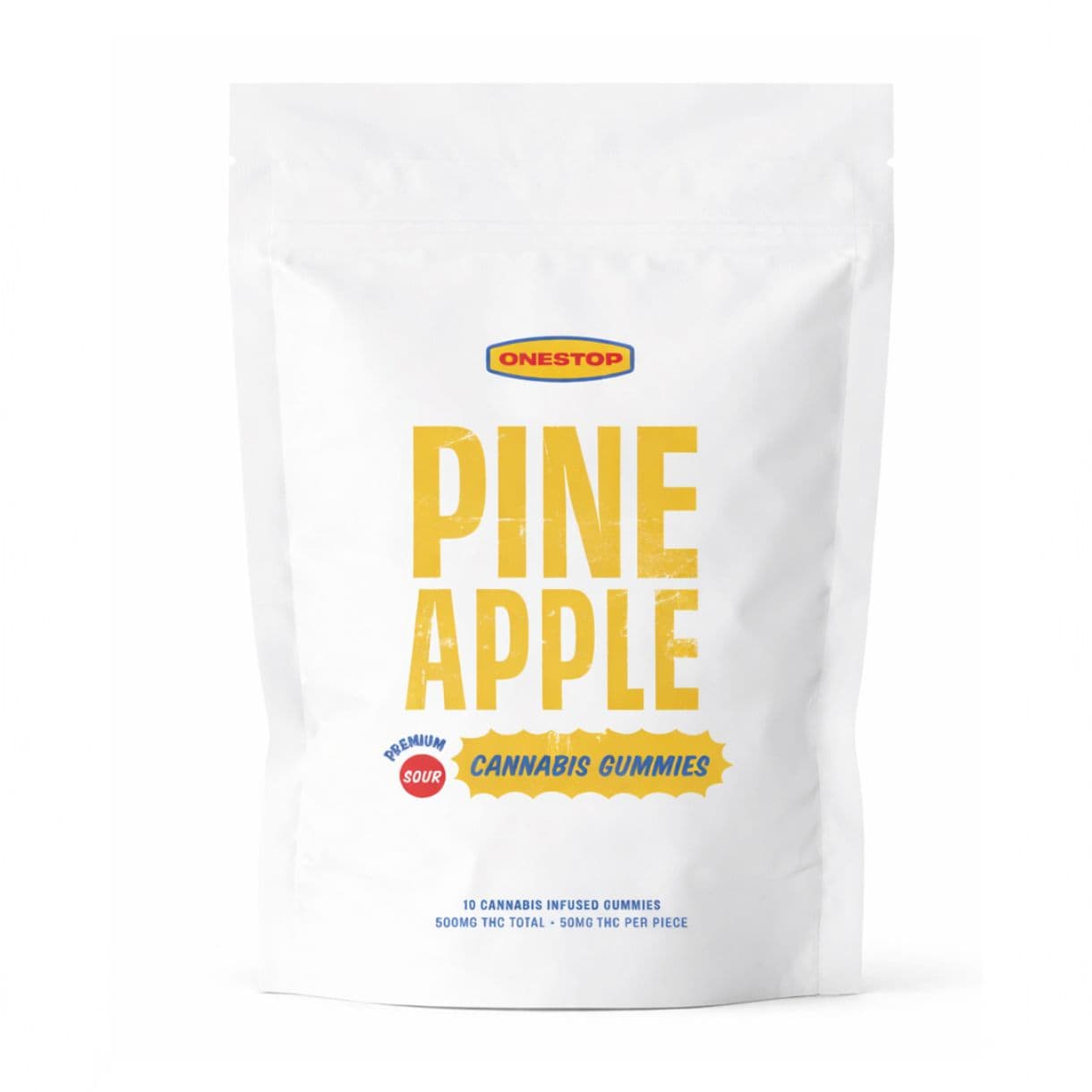 Sachet de bonbons au cannabis « White Pineapple » orné d'une typographie jaune et d'une ombre douce et diffuse sur un fond blanc épuré