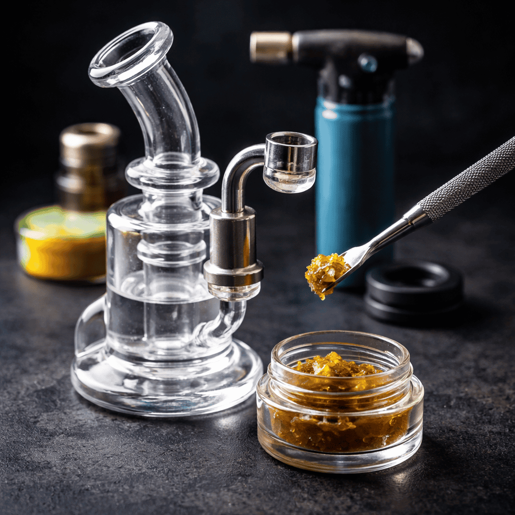 Cannabis dab setup with rig, torch, and concentrate ready for use