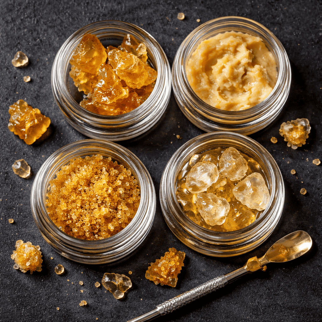 Assorted cannabis extracts including shatter, budder, live resin, and diamonds on display