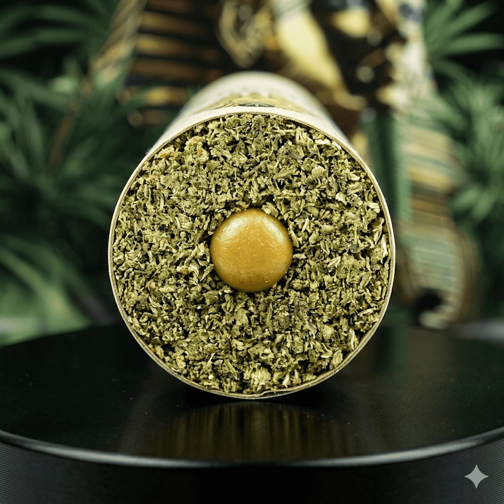 Pre-roll joint with a gold filter tip, shown upright with visible ground cannabis and a blurred greenery background.