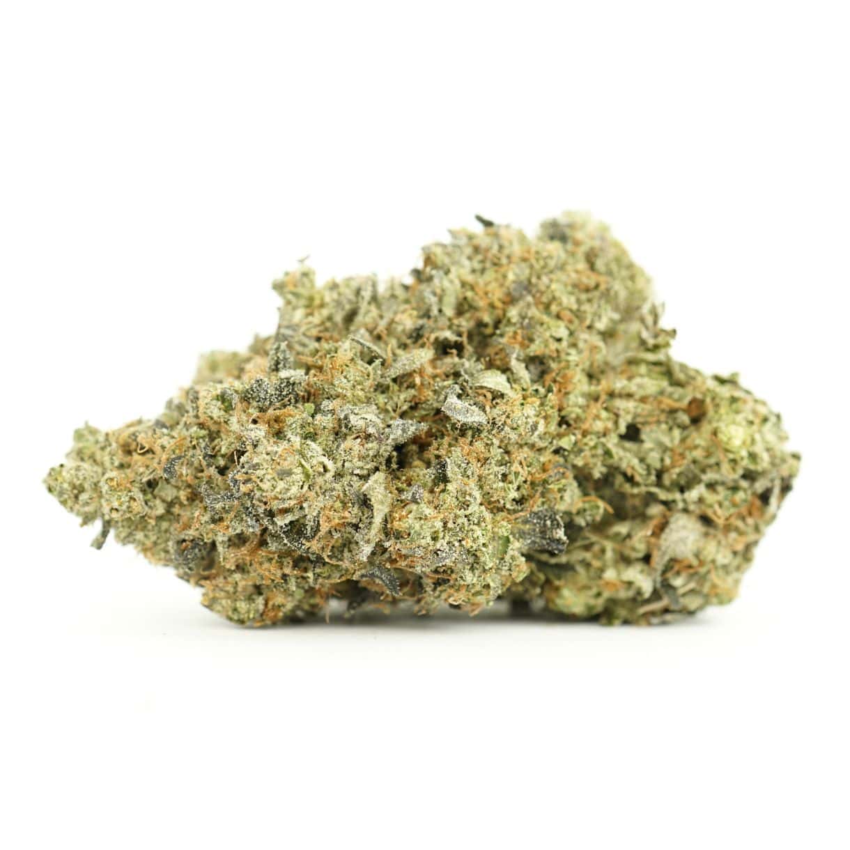 candy kush close-up image of cannabis bud with frosty trichomes on a crisp white background