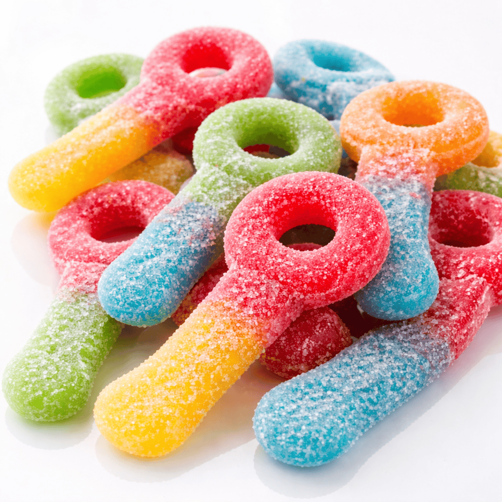colorful, sugar-coated gummy candy (key shapes in bright red, blue, green, and yellow) on a clean white background.
