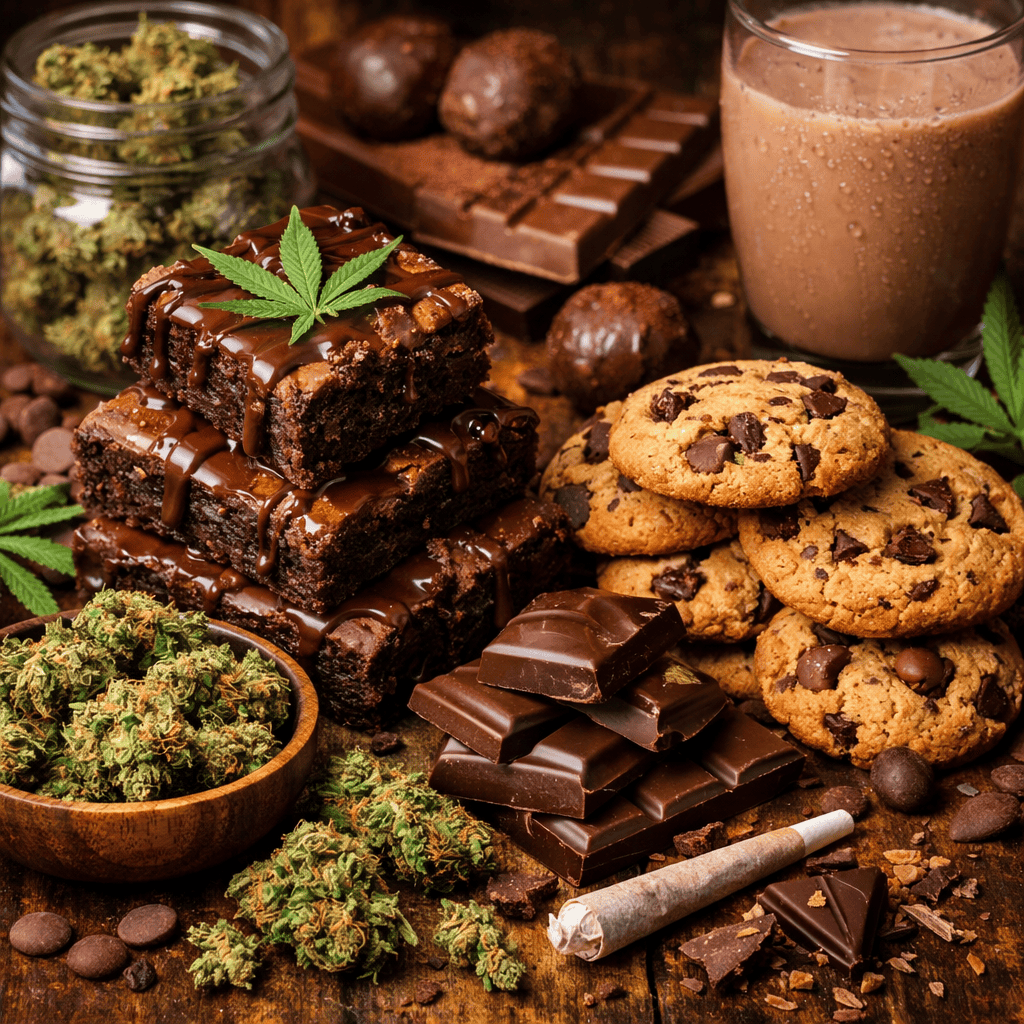 Cannabis edibles assortment including chocolate bars, cookies, cannabis buds, and infused drink on a wooden surface
