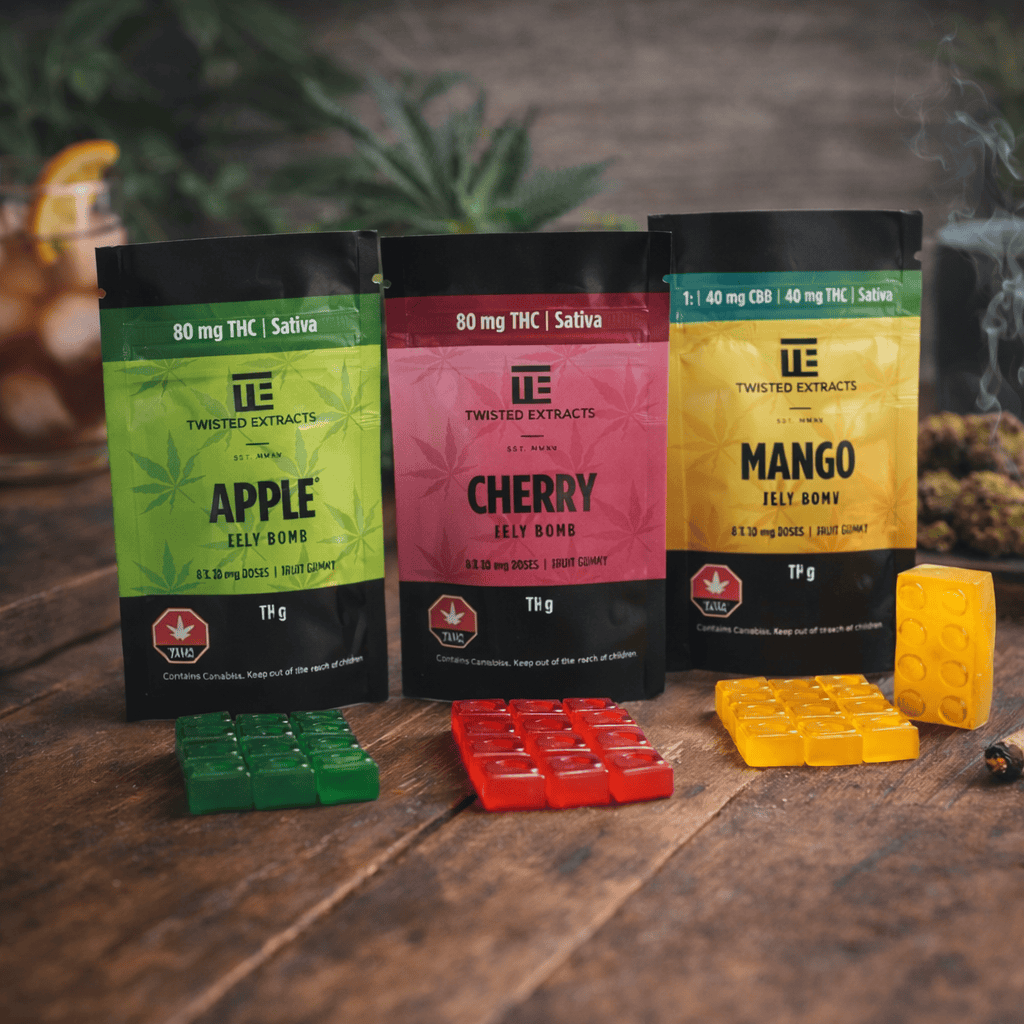 Twisted Extracts Jelly Bomb edibles (Apple, Cherry, Mango) arranged on a rustic wooden surface with matching gummies in a lifestyle setting