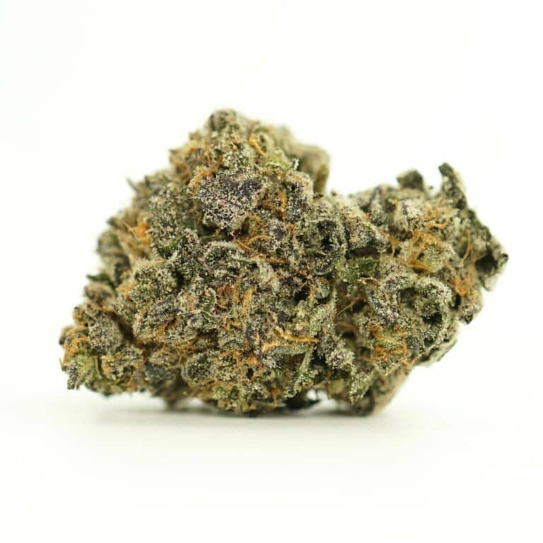 PERMANENT MARKER close-up image of cannabis bud with frosty trichomes on a crisp white background