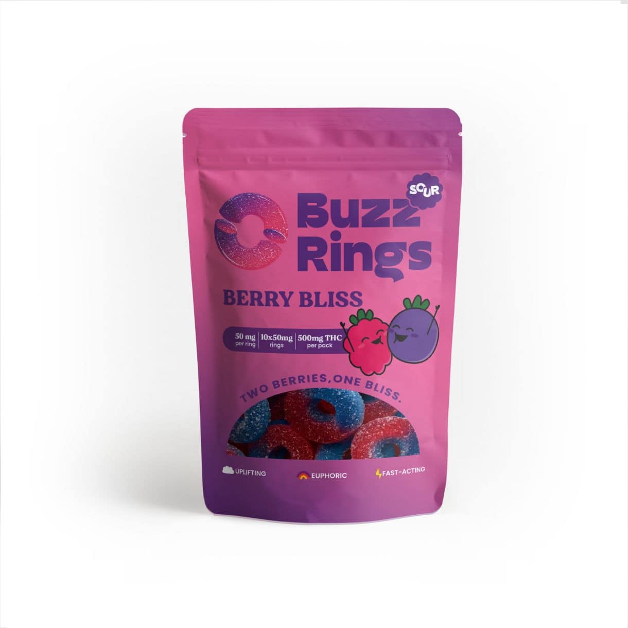 front of Buzz Rings Berry Bliss 500mg THC edible rings packaging