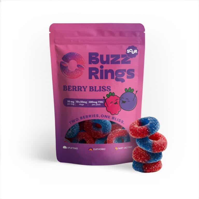 Buzz Rings Berry Bliss 500mg THC edible rings packaging with red and blue sugar-coated gummies displayed in front