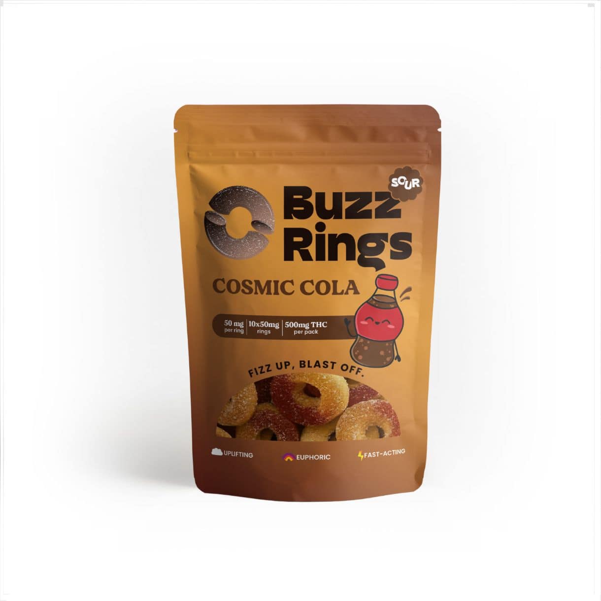 Buzz Rings Cosmic Cola 500mg THC edible rings packaging