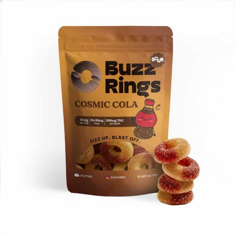 Buzz Rings cola 500mg THC edible rings packaging with sugar-coated gummies displayed in front