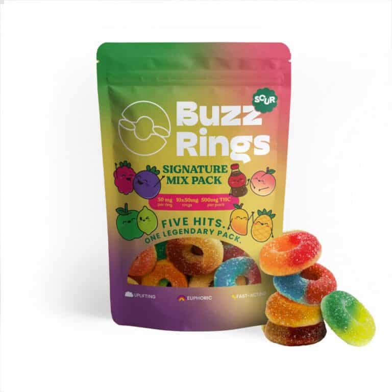 Buzz Rings Signature Mix Pack 500mg THC edible rings packaging with assorted sugar-coated gummies in multiple flavours displayed in front