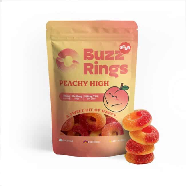 Buzz Rings Peachy High 500mg THC edible rings packaging with peach-flavoured sugar-coated gummies displayed in front