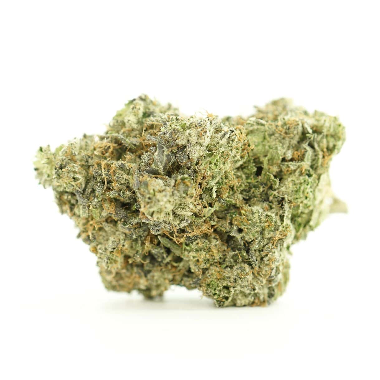 gas truff close-up image of cannabis bud with frosty trichomes on a crisp white background