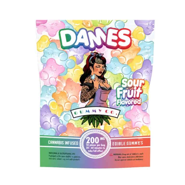 DAMES Sour Fruit flavored edible gummies packaging, 200mg THC cannabis infused gummy pouch, colorful design with retro pinup illustration on white background