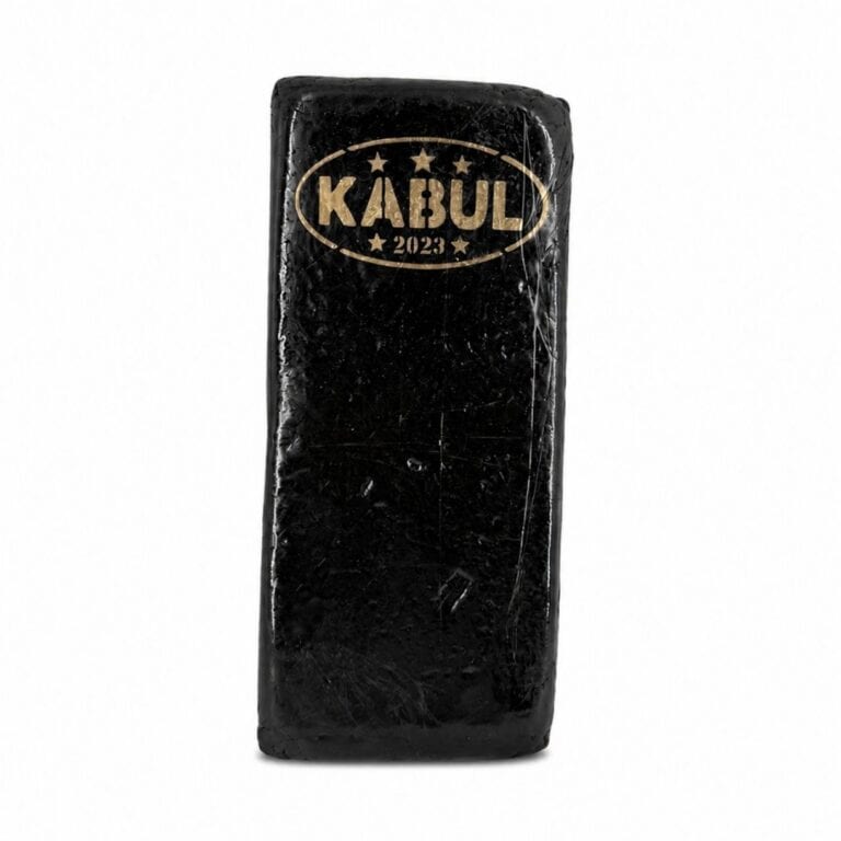 Rectangular pressed hash block featuring a dark marbled finish and embossed branding