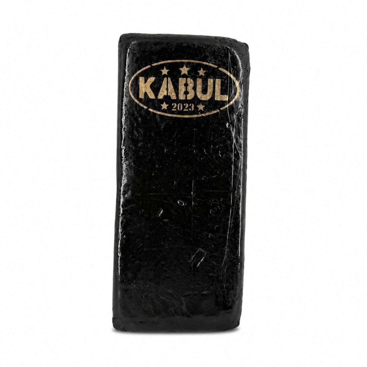 Rectangular pressed hash block featuring a dark marbled finish and embossed branding