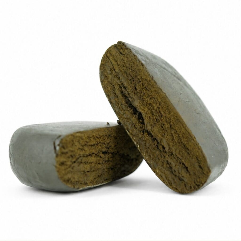 Close-up product image of pressed hash cannabis concentrate pieces with smooth outer surface and dense brown interior on white background