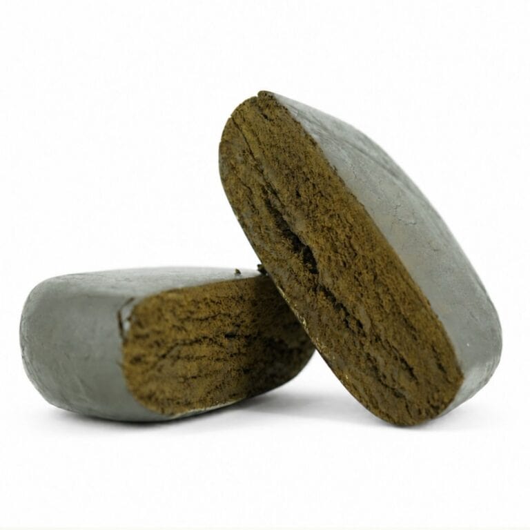 Close-up product image of pressed hash cannabis concentrate pieces with smooth outer surface and dense brown interior on white background