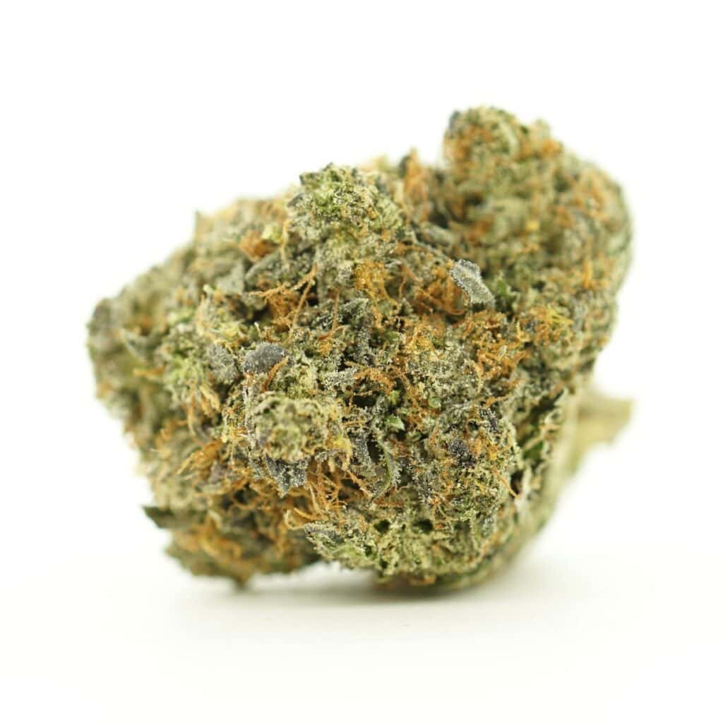 close-up image of cannabis bud with frosty trichomes on a crisp white background