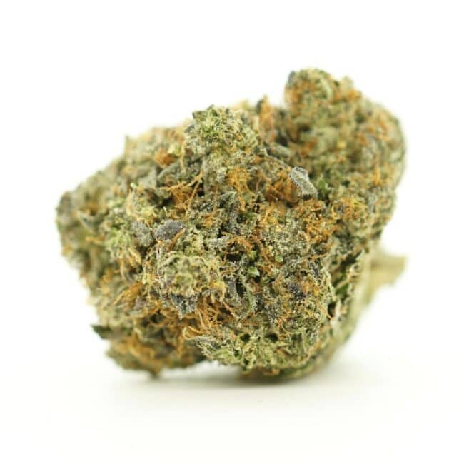 close-up image of cannabis bud with frosty trichomes on a crisp white background