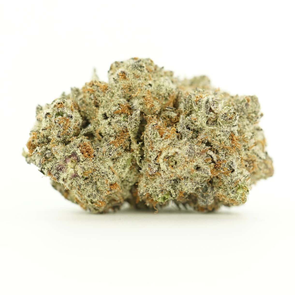 close-up image of cannabis bud with frosty trichomes on a crisp white background