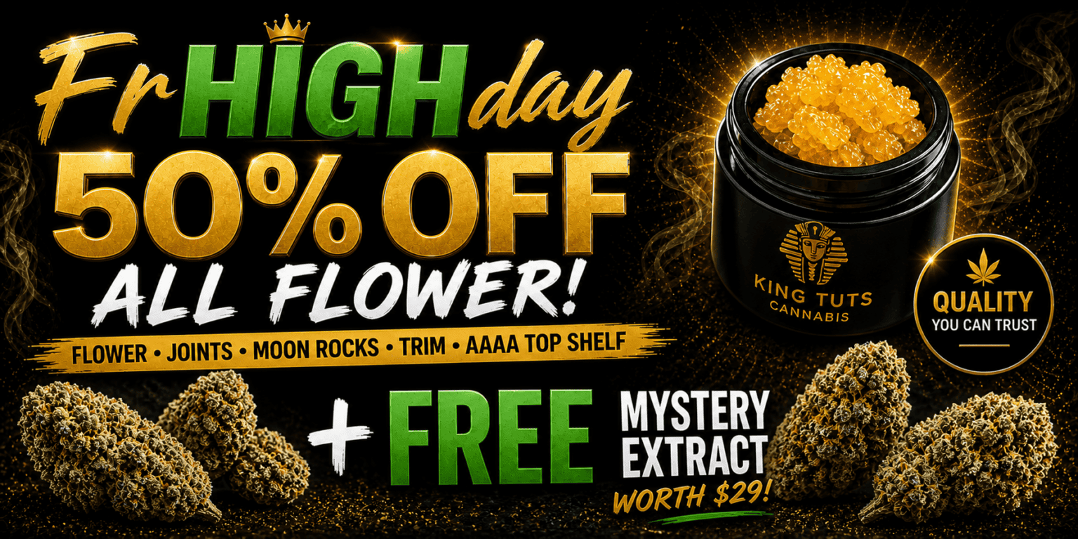 Promotional cannabis banner advertising Frhighday 50% off all flower, featuring cannabis buds, a concentrate jar, and text noting free 1g extract with every flower order.