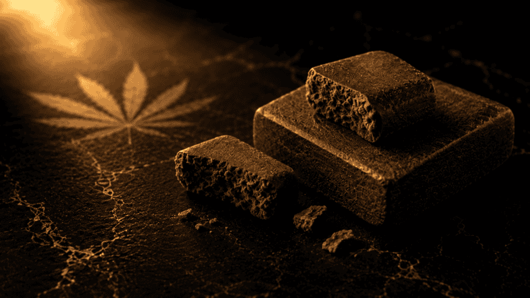 Cannabis hash online Canada guide with traditional hash pieces on a dark background