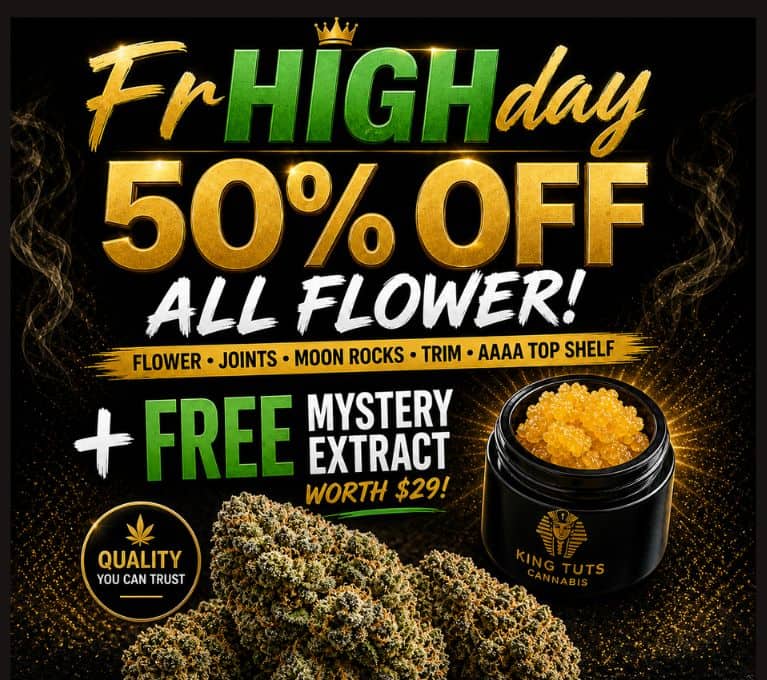 Promotional cannabis banner advertising Frhighday 50% off all flower, featuring cannabis buds, a concentrate jar, and text noting free 1g extract with every flower order.