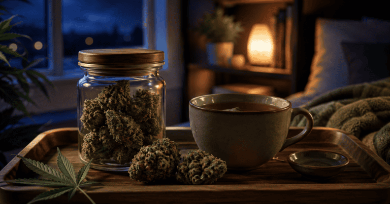 Cannabis flower buds in a glass jar beside a cup of tea on a wooden tray in a cozy bedroom setting, nighttime relaxation and wellness concept.