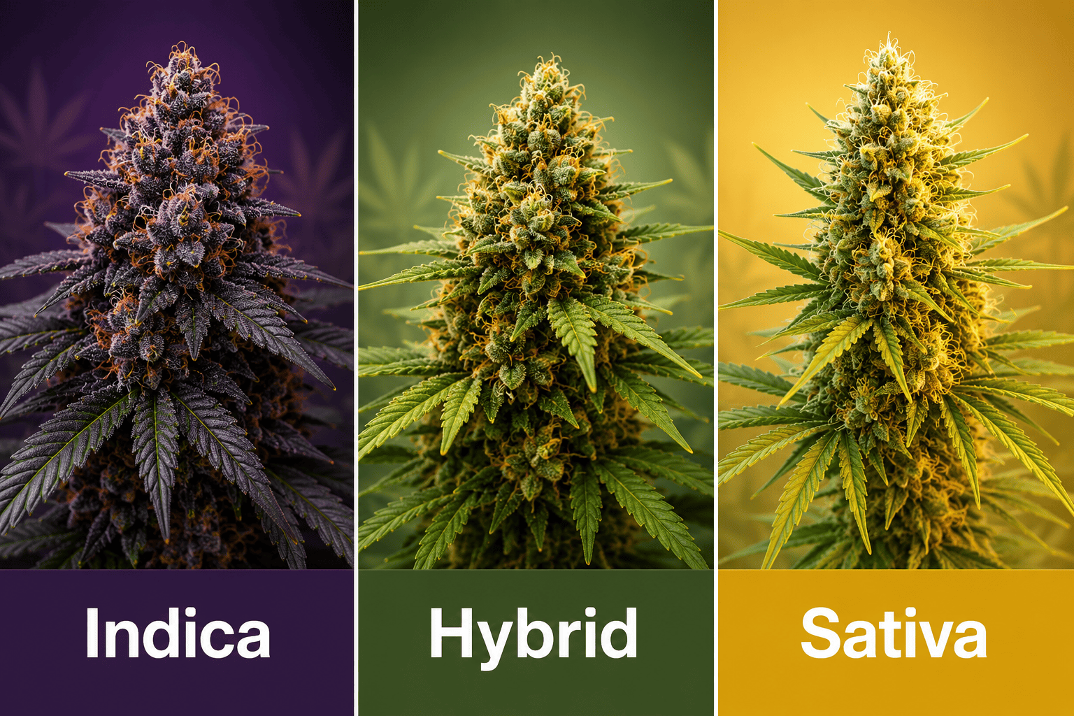 Comparison of Indica, Hybrid, and Sativa cannabis strains featuring three cannabis flower buds with labeled categories and distinct color backgrounds.