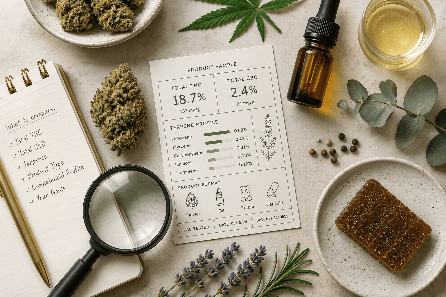 Cannabis product information sheet with THC and CBD content surrounded by cannabis flower, CBD oil, herbs, and wellness ingredients on a tabletop.