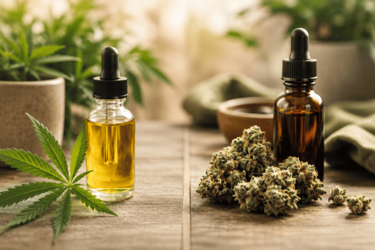 Cannabis oil tincture bottle and dried cannabis flower displayed on a rustic wooden surface with natural greenery in the background.