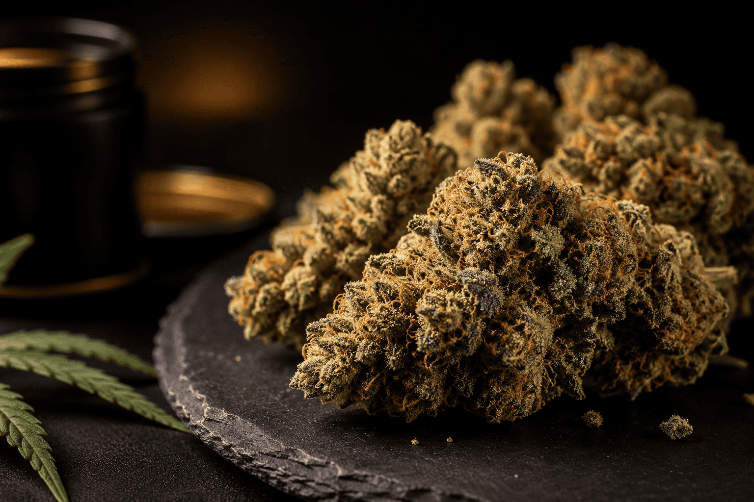 Close-up of dense cannabis flower buds displayed on a dark stone surface, highlighting frosty trichomes, rich green tones, and premium indoor cultivation quality.