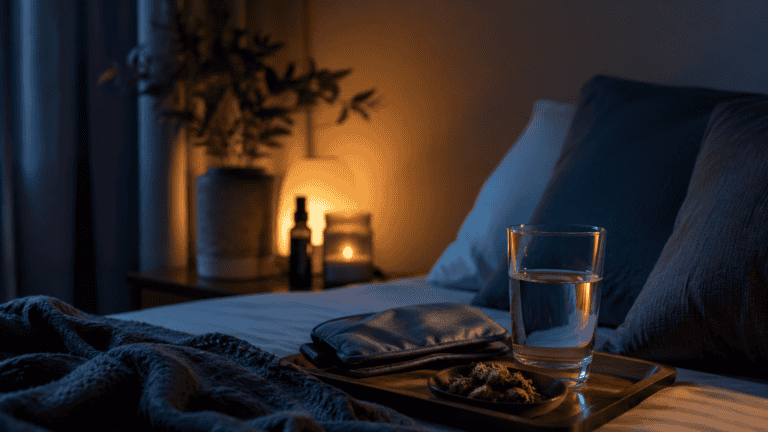 Relaxing nighttime bedroom setting with warm lighting and a glass of water