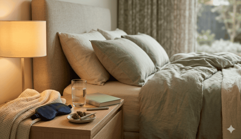 Cozy bedroom with neatly made bed, warm bedside lamp, wooden nightstand with a cup of tea and reading glasses, creating a calm and inviting atmosphere.