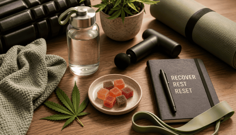 Medical cannabis gummies, cannabis flower, massage gun, yoga mat, and wellness accessories arranged to represent symptom support, pain management, and relaxation.