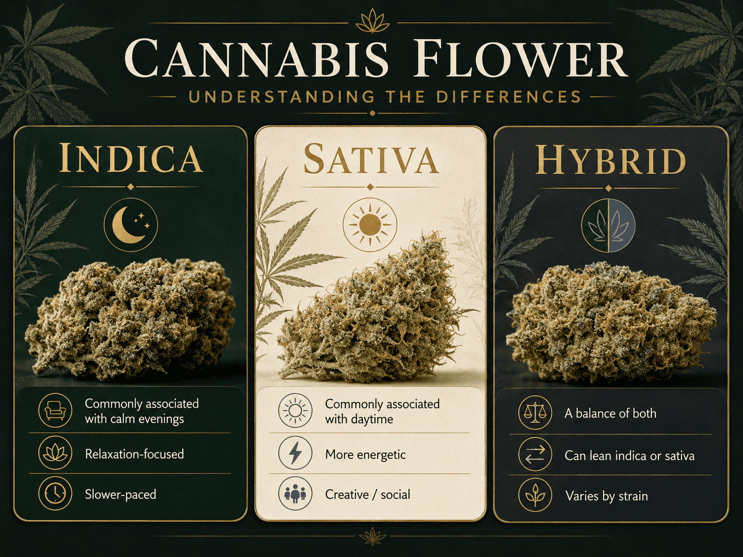 Indica sativa and hybrid cannabis flower comparison for adult education.