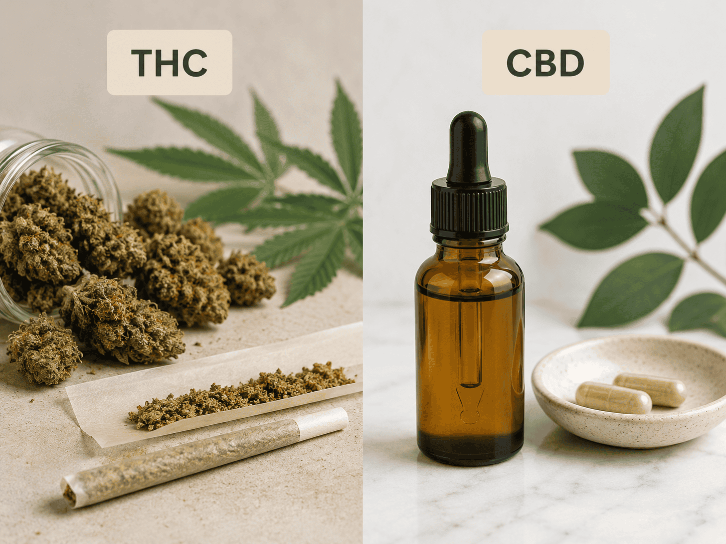 THC and CBD cannabis products with dried flower, pre-roll, tincture oil and capsules